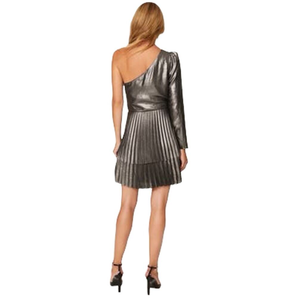 Derek Lam Metallic One Shoulder Pleated Dress Size Black Silver Size EU 36 - Picture 4 of 12